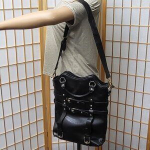 Sony brand black faux leather computer bag with gold hardware north-south style